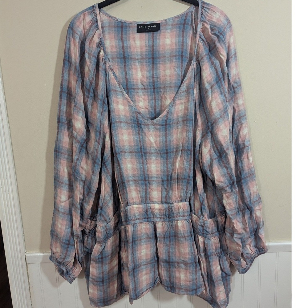 Lane Bryant Peplum Top Pink Blue Plaid V-Neck Long Sleeve 28 Cottagecore Pastel